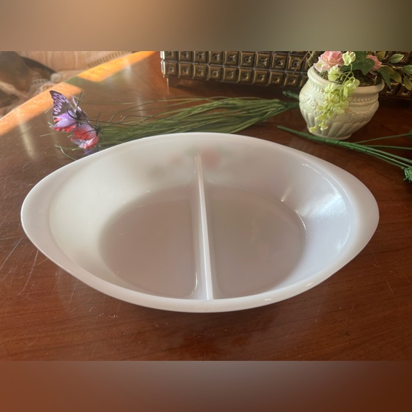 Vintage Glasbake Divided Serving Dish Pink Red Painted Flowers J-2352 RARE - Picture 3 of 9